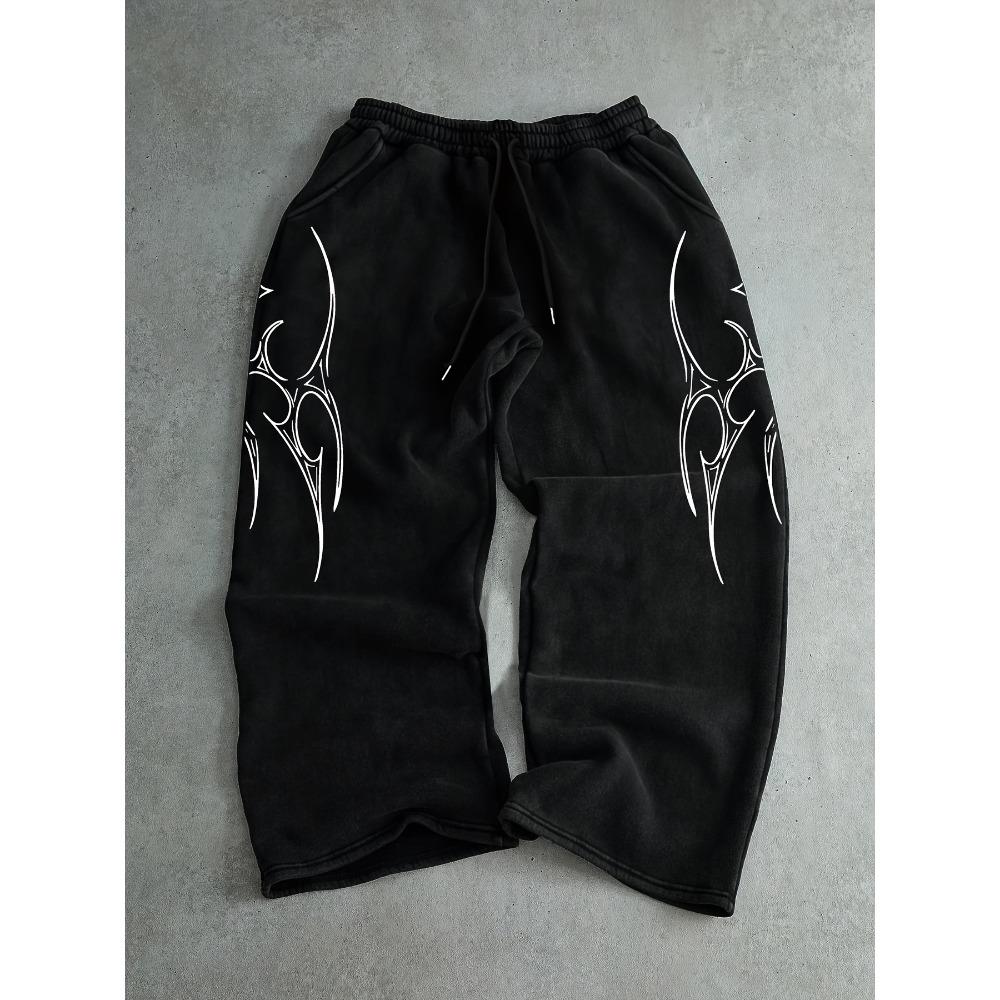 Men s Gothic Pattern Printed Elastic Waist Sports Pants, Elastic, Casual Street Retro Straight Leg Sports Pants Fashionable S