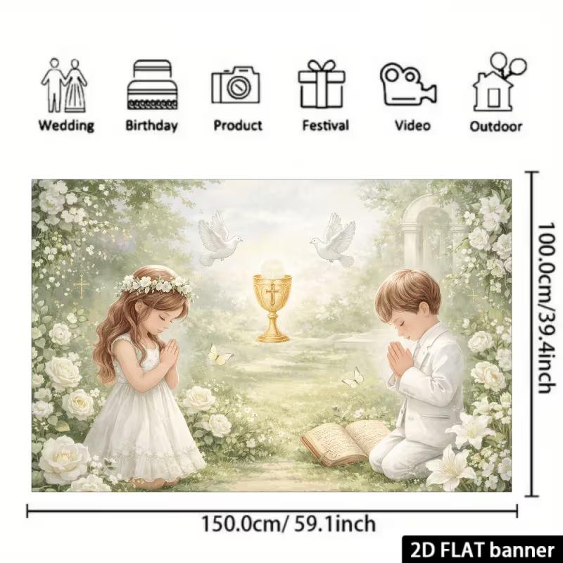 2D Baptism Party Decoration Backdrop, Kids Praying with Chalice Photo Background Banner