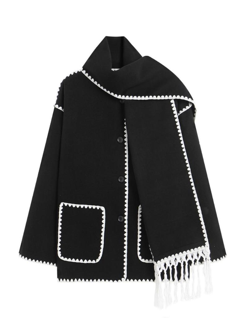 2023 Autumn/Winter European & American Fashion Women's Woolen Coat with Scarf Tassel