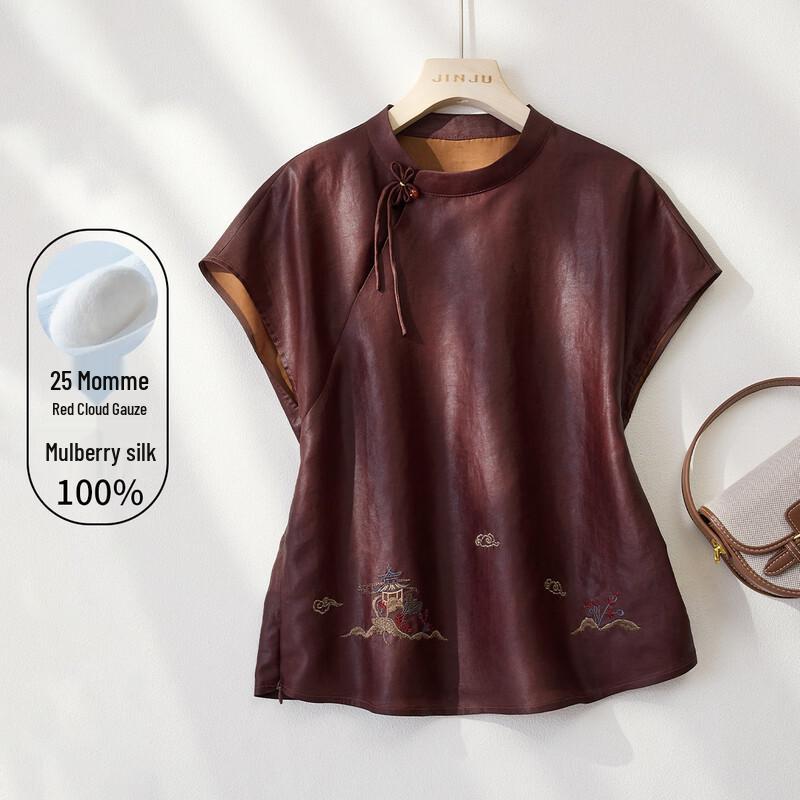 Women s 25 Momme Mulberry Silk Embroidered T-shirt XXL
