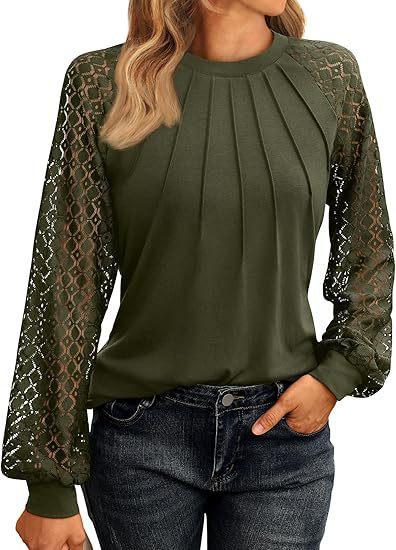 Women's Fashionable Long Sleeve Tops Lace Ruched T-Shirt Solid Round Neck Blouses Casual Top