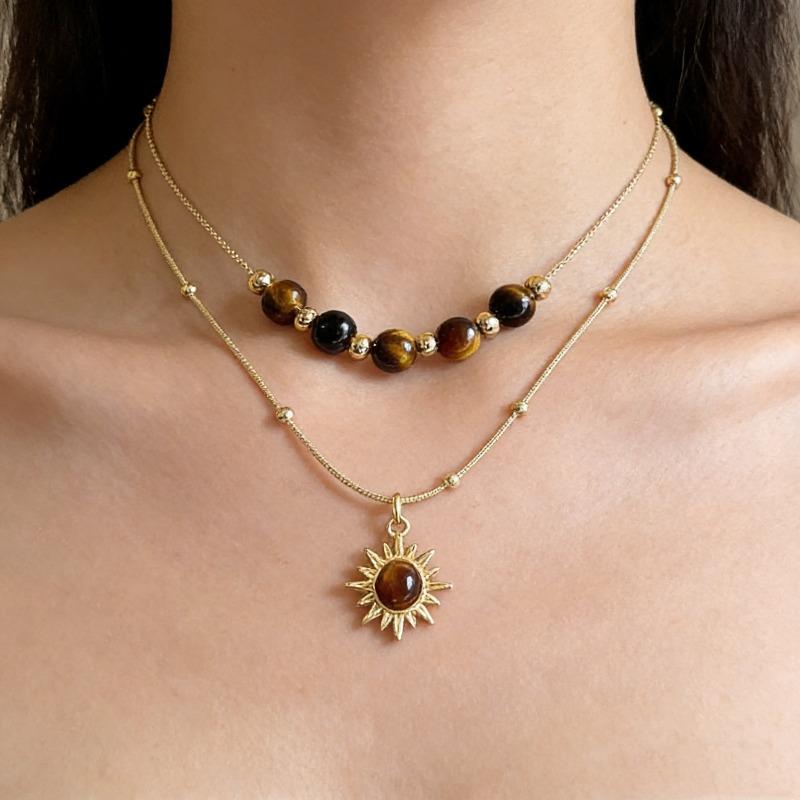 Ожерелье из тигрового глаза - Винтажная цепочка-свитер с бусинами - Женская мелкомасштабная люксовая высококлассная жемчужная шейная цепочка The Sun