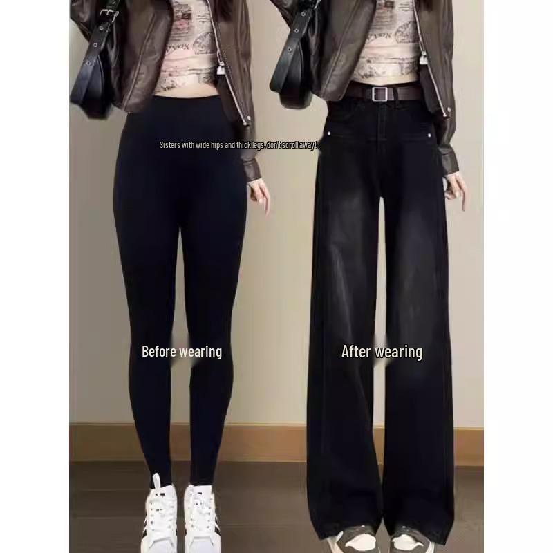 

Women s Plus Size Fleece-Lined Black Wide-Leg Jeans - Straight Leg Pants for Pear-Shaped Bodies, Autumn/Winter Style XL