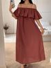 Plus Size Women's Off-the-Shoulder Ruffle Midi Dress - Loose Fit, Belly-Covering, Summer Camisole Style