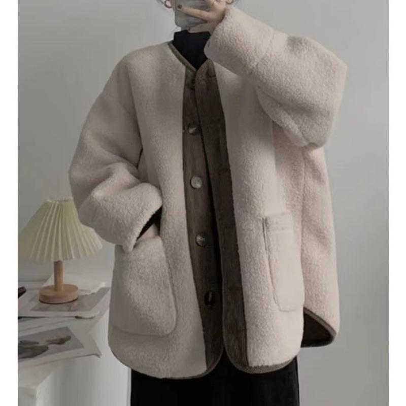 Winter Women's Thick Contrasting Retro Lamb Fur Coat Loose Round Neck Mid Length Cardigan Coats