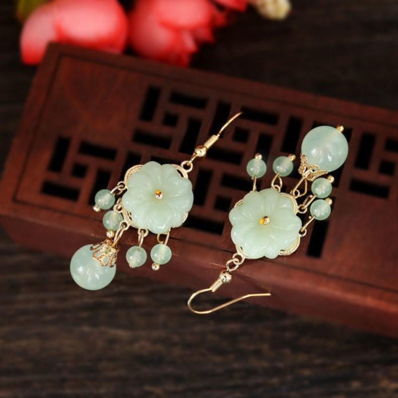 Green Jade Marrow Flowers Tassel Drop Earrings for Women Ethnic Stud Earring Pretty Jewelry Gifts