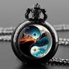 Vintage Retro Schwarz Doppelberg Yinyang Quarz Unisex Herren Damen Taschenuhr Quarz Halskette Anhänger Uhr Kette Lässig Klassisches Zifferblatt Schmuck Geschenk