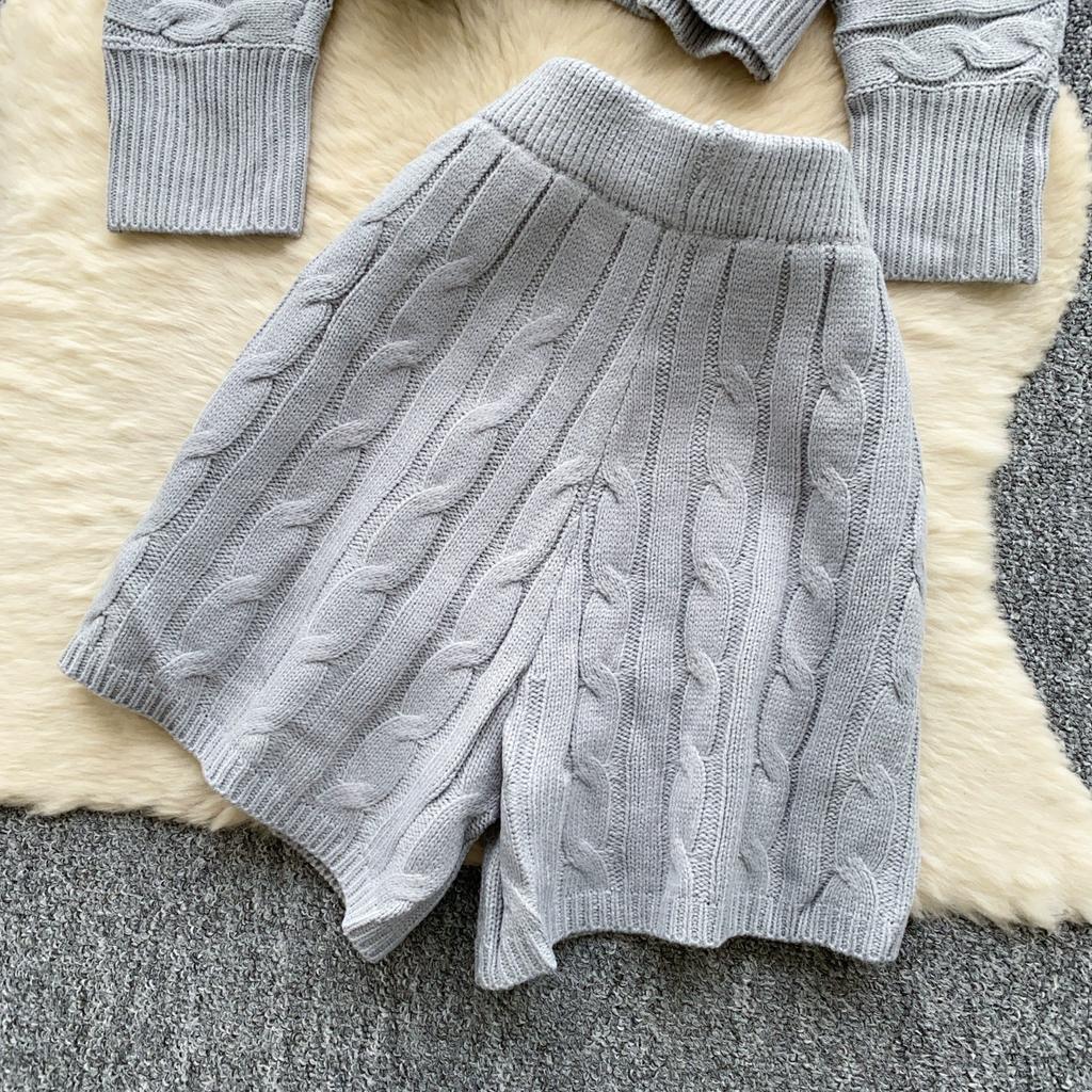 Automne Hiver Femmes Décontracté Tricoté Torsadé Pull Pantalon Ensemble Deux Pièces Veste Cardigan à Revers Bouton Corne et Short Taille Élastique Survêtement