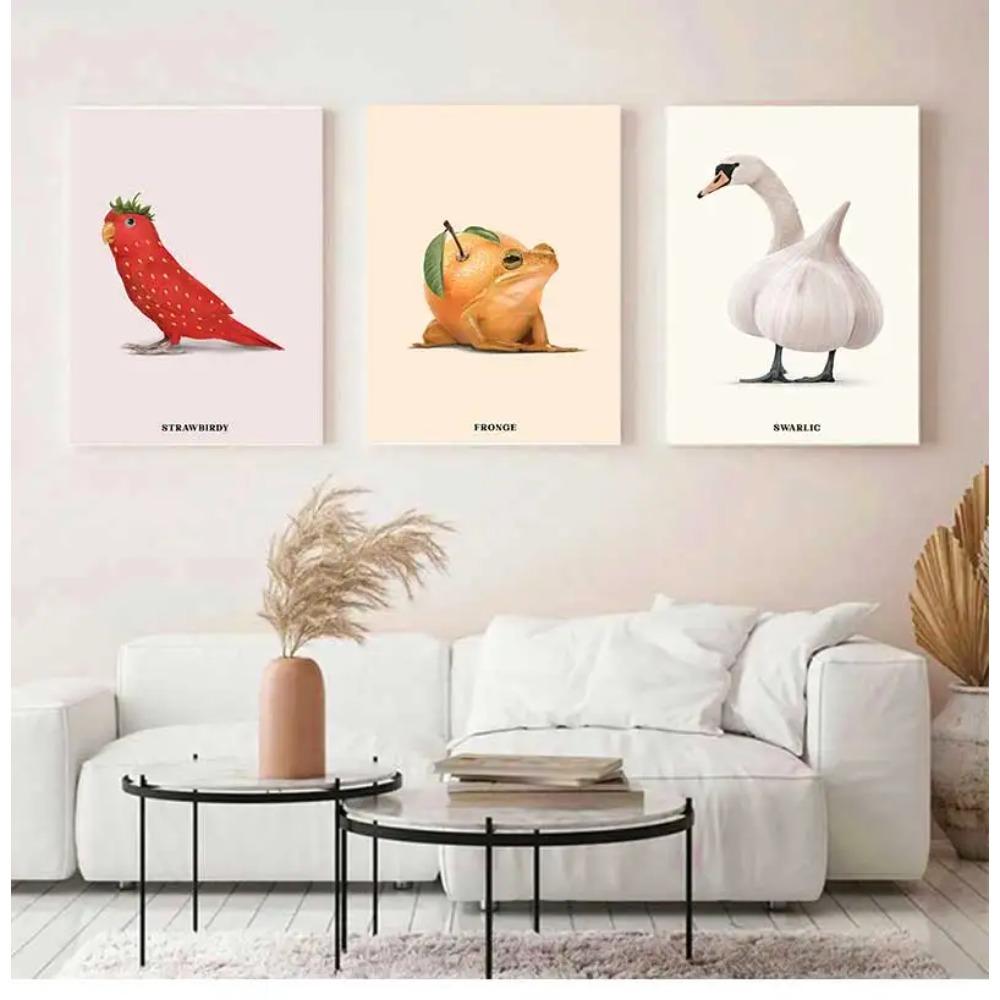 Funny Fruit Animal Poster, Kitchen Canvas Painting, Garlic, Goose,Cauliflower, Sheep Wall Picture, Living Room Decor