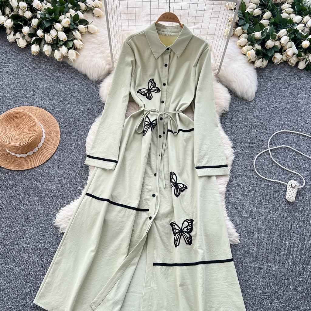 Elegant Butterfly Embroidered Polo-neck Vintage Long Sleeves Single Breasted Slim A-line Long Dress French High Street Clothing