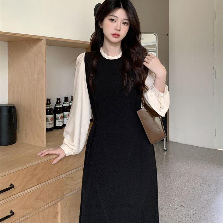 

Plus Size Autumn Slimming Hepburn Waist-Defining Long Sleeve Patchwork Black Dress 3XL (Recommended 160-180 kg)