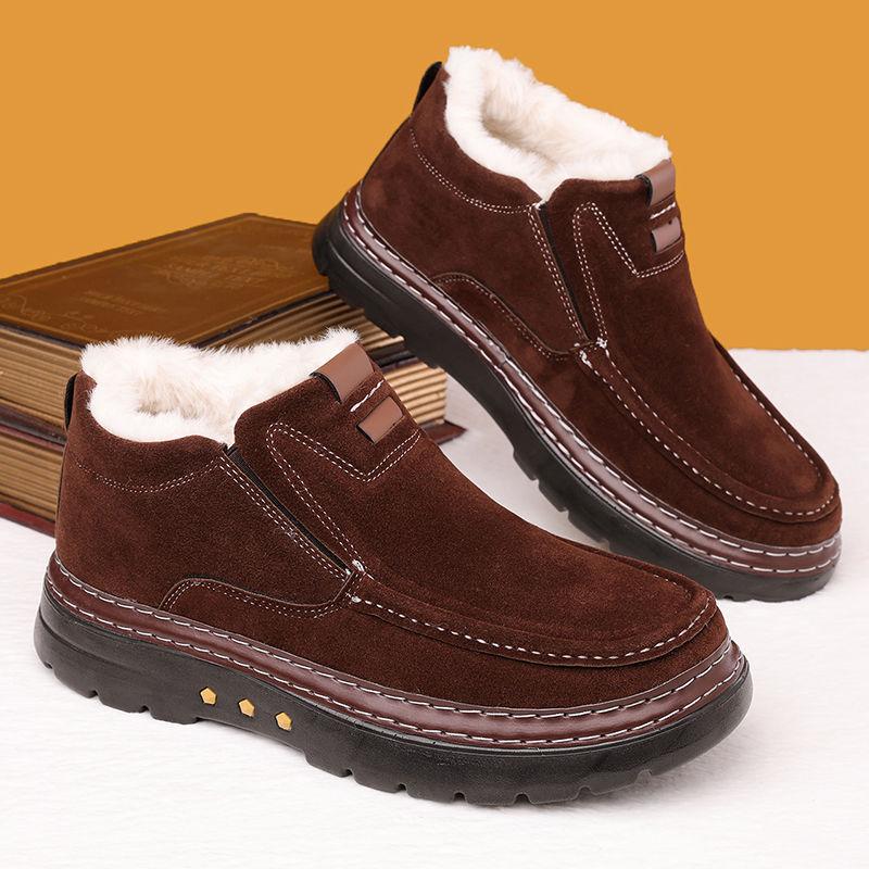 Men's Winter Fleece Thickened Cotton Boots High Top Genuine Leather Slip Resistant Soft Sole Snow Boots Korean Fashion Design