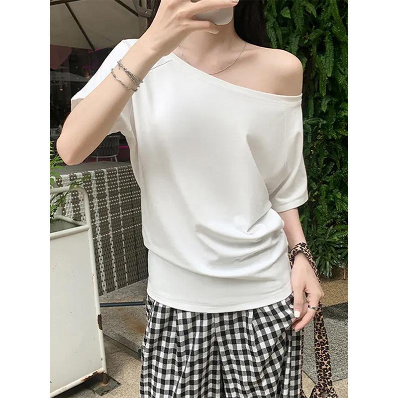 2026 Summer Plus Size Women's One-Shoulder T-Shirt - Slimming, Tummy Concealing, Pure Cotton, Versatile Casual Top