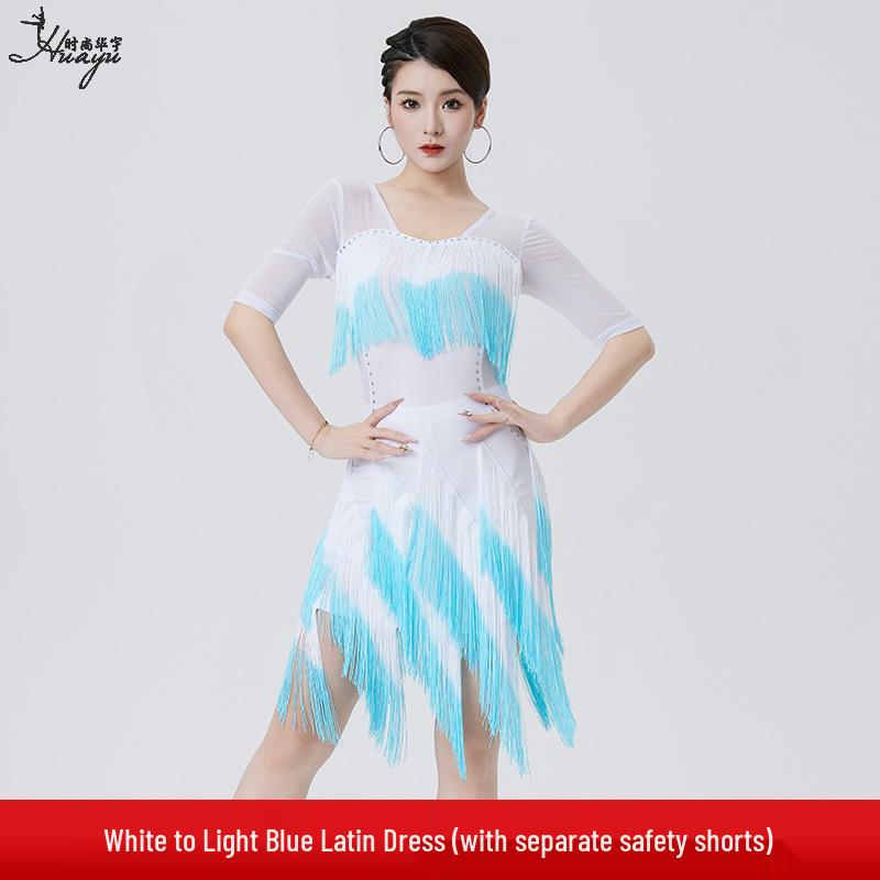Huayu 2025 Women's Latin Dance Competition Tassel Dress with Gradient and Hot Drill Accents