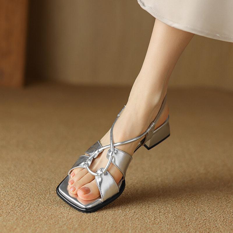 New Summer One-word Sandals Women's Buckle Rubber Soft Sole Large and Small Size Women's Shoes European and American Square Head Medium Heel Silv