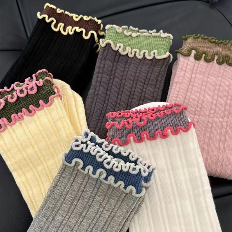 

6 пар ретро-цветных двухслойных кружевных женских носков, высококачественные милые кружевные носки с деревянными ушками и средними трубами 6 Pairs