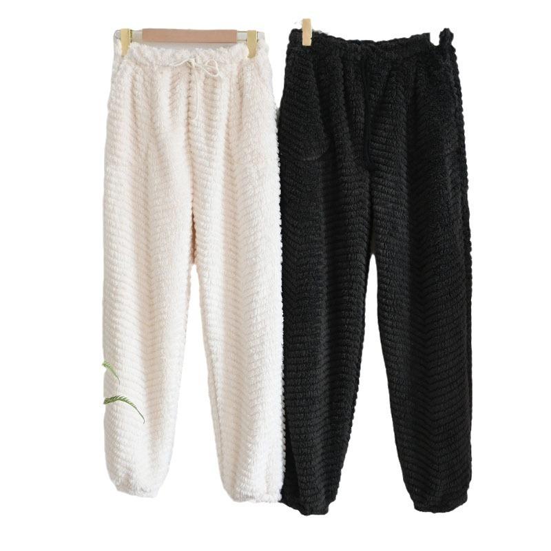Winter Couple Fleece Pajama Pants Thick Warm Solid High Waist Cinched Fleece Lounge Pants for Home & Outdoor Wear