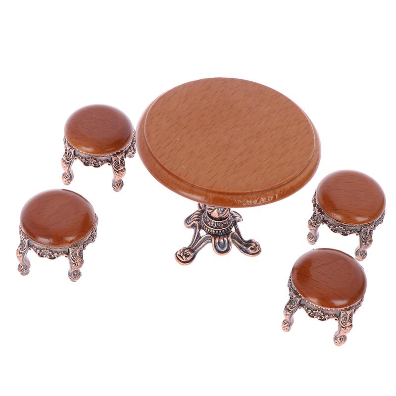 1:12 Dollhouse Miniature Furniture Wooden Round Kitchen Side Table And Stool