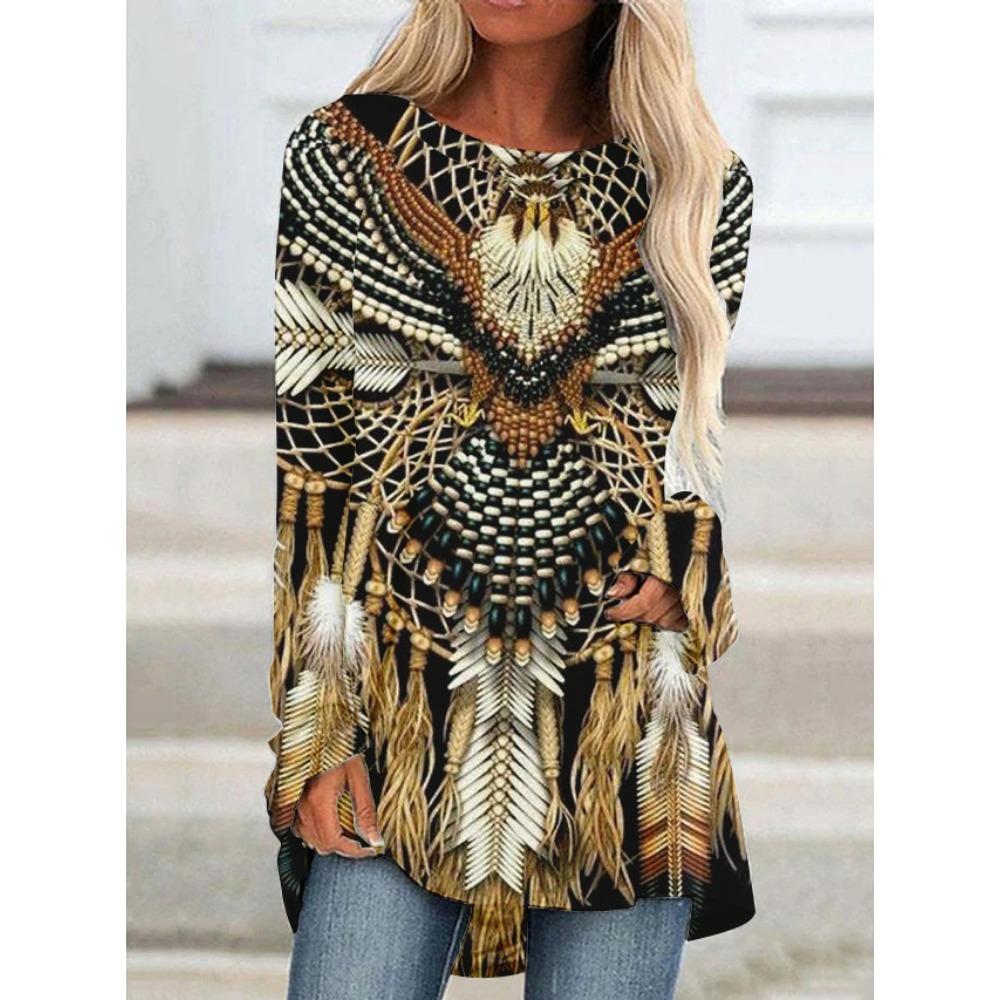 T-shirt z nadrukiem 3D Koszulki Damska Moda T-shirt Długi Rękaw Etniczne Top Topy Nadruk Natywny T-shirt Długie Top Damskie