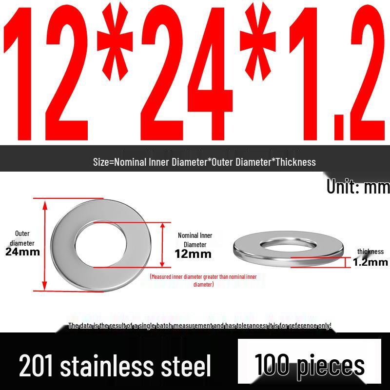 201 Stainless Steel Flat Washer Shim, GB97, Sizes M3 to M30
