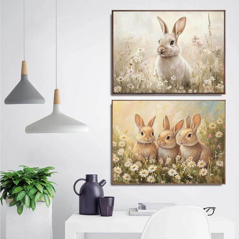 Vintage Spring Academia Botanical Rabbit Bunnies Colorful Eggs Poster Canvas Painting Wall Art Pictures Holiday Home decoration