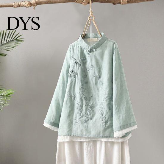 Lady Fall Spring Top Women Retro Chinese Style Embroidered Flower Pattern Knot Button Solid Color Keep Warm Loose Stand Collar Plus Size Vintage