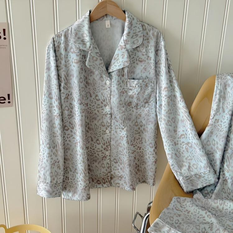 Original New Light Luxury Style Leopard Print Pajamas Women's Long-sleeved Trousers Ice Silk Satin High-end Satin Loungewear Set