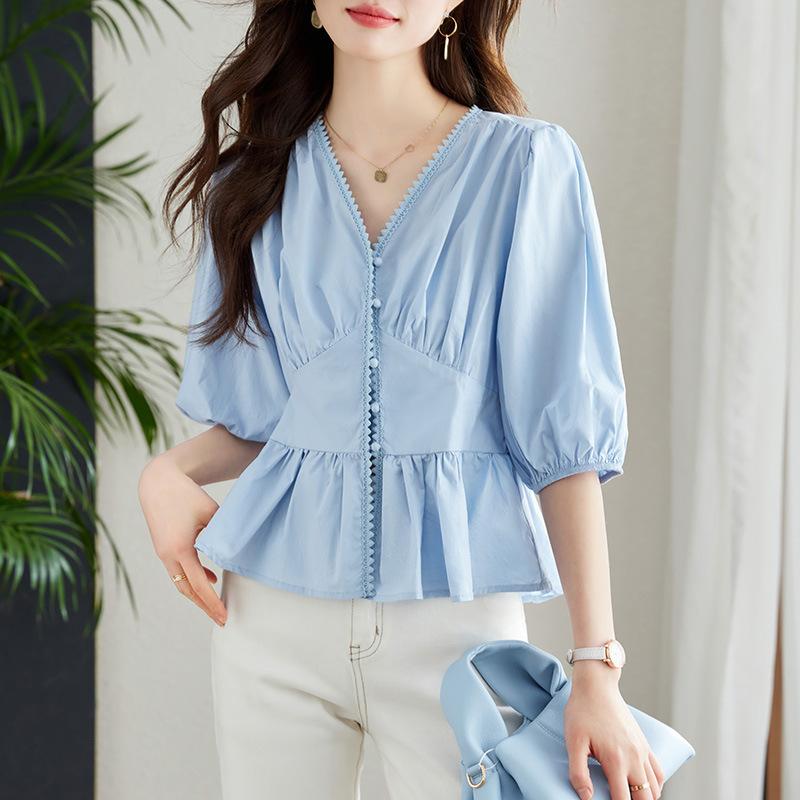 

Синяя футболка с V-образным вырезом для женщин, летняя, с короткими рукавами, новая, дизайнерская футболка с короткими рукавами XXL синий