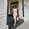 Spring Summer European & American Off-Shoulder Slit Long Dress - Slimming & Elegant Women's Formal Wear