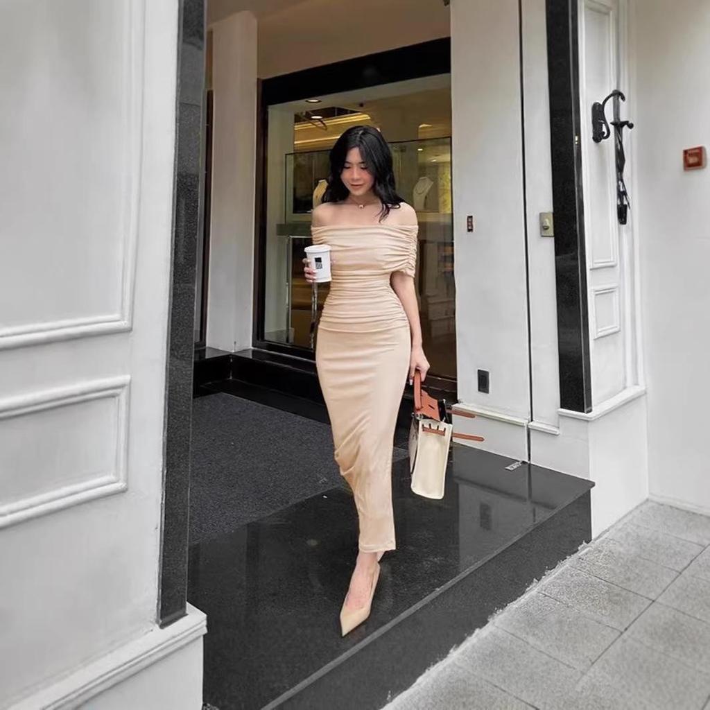 Spring Summer European & American Off-Shoulder Slit Long Dress - Slimming & Elegant Women's Formal Wear
