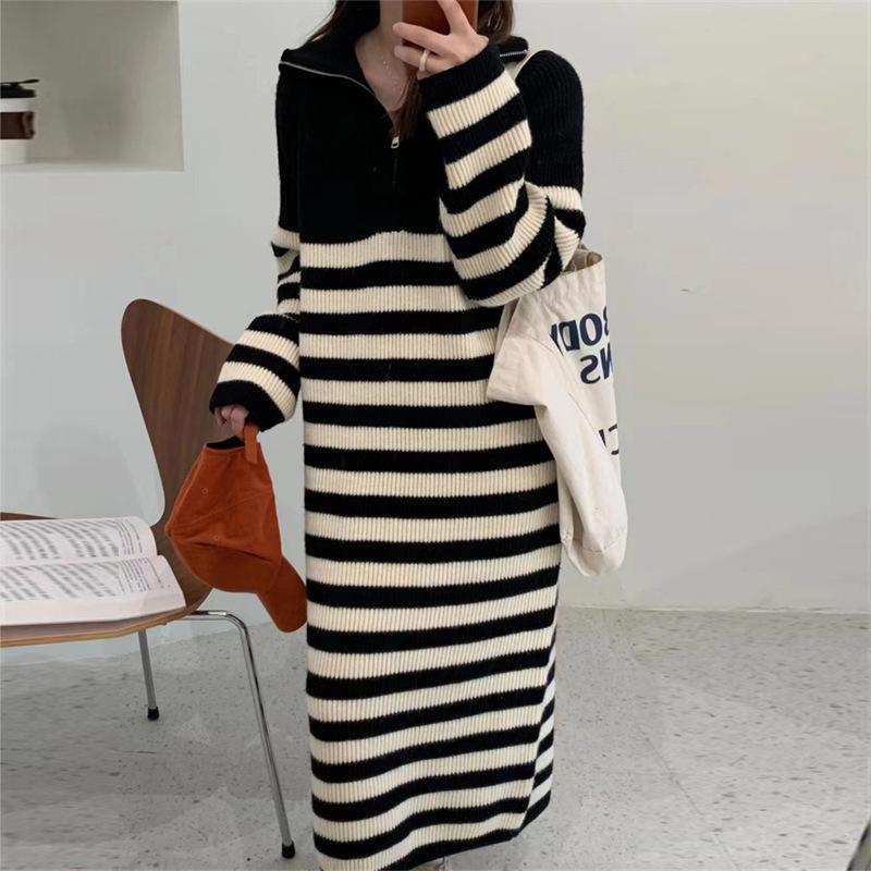 Striped sweater dress women's spring and autumn loose and thin medium and long sweater skirt temperament knitted bottoming skirt