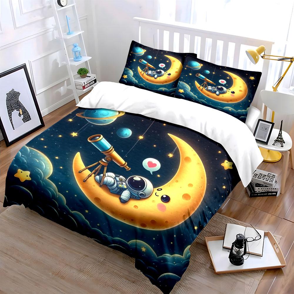 Astronaut Stargazing Cute Moon Set Exquisite Three-Piece Bedding Set Gift For Kids And Adults