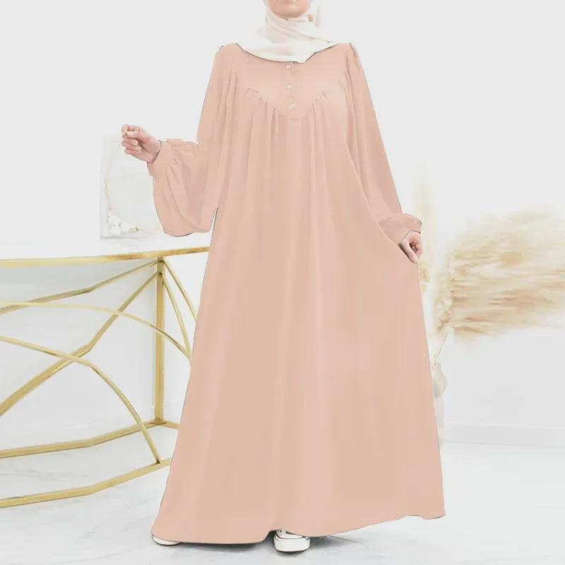 Modern Puff Sleeve Muslim Women's Robe: Spring/Autumn Solid Color Long Dress