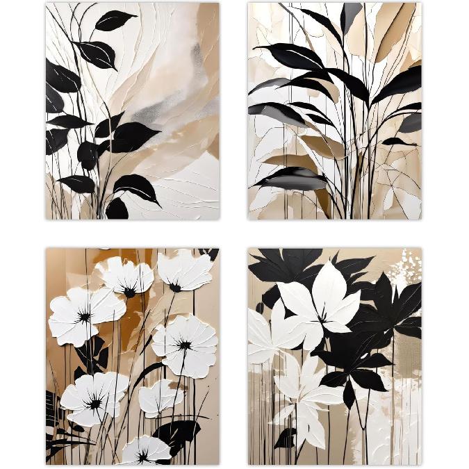 TPYEN Classic Modern Posters Set Of 4 (8  X 10 ), White Flower & Black Leaves, Elegant Living Room Decoration, Wall Posters, Modern Plants Bedroom 8X10in