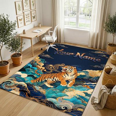 Tiger Spirit Theme Soft Crystal Velvet Rug Custom Name & Text Print Non Slip Floor Rug for Bedroom Living Room