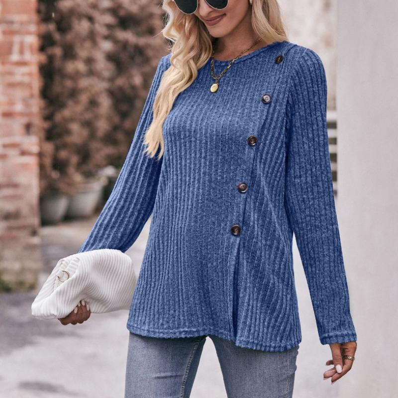 Women Casual O-neck Long Sleeve Split  Hem Knitwear Blouse