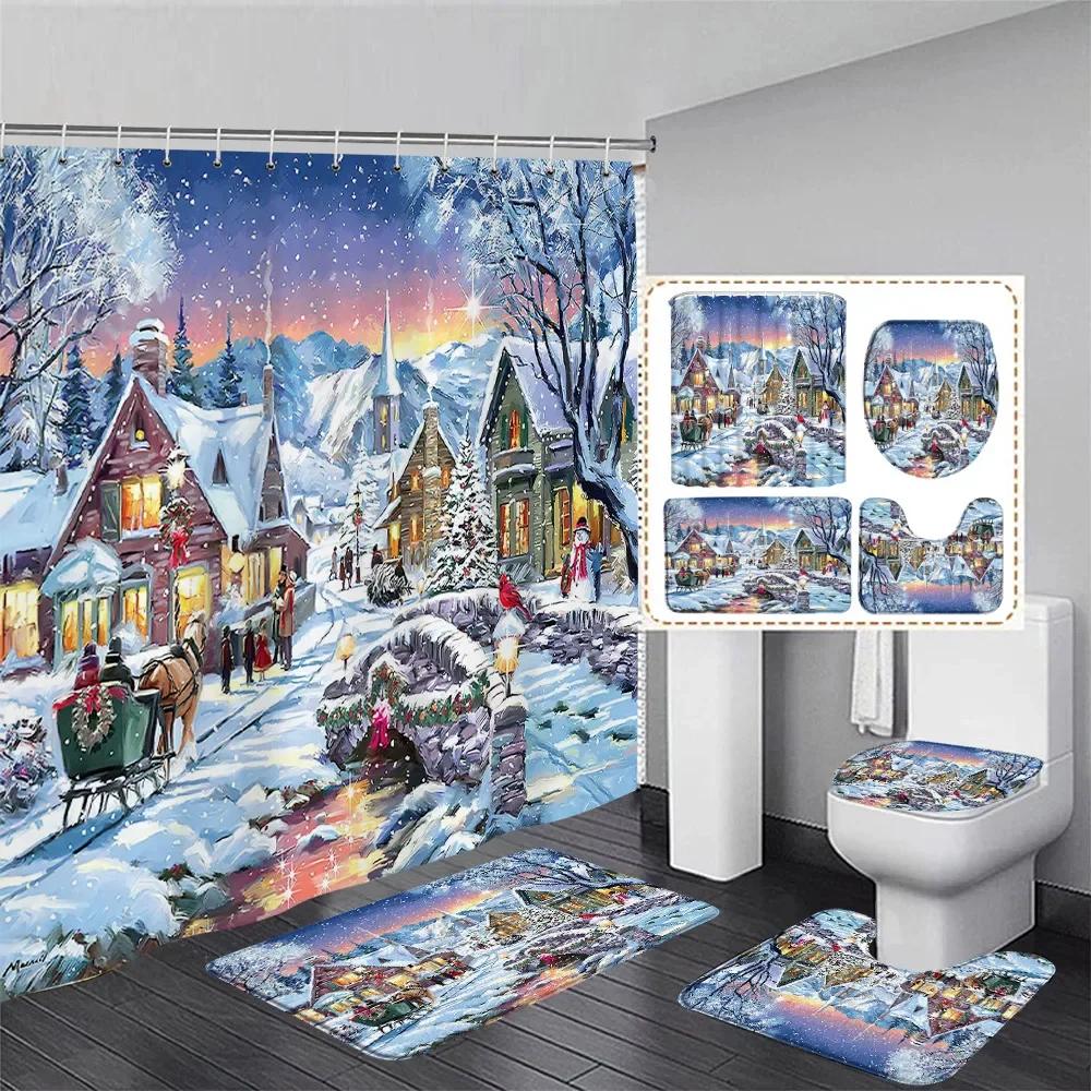 Winter Weihnachten Duschvorhang Set Niedlicher Schneemann Rote Vögel Geschenke Wald Zeder Neujahr Xmas Badezimmer Deko Duschvorleger Toilettensitzbezug