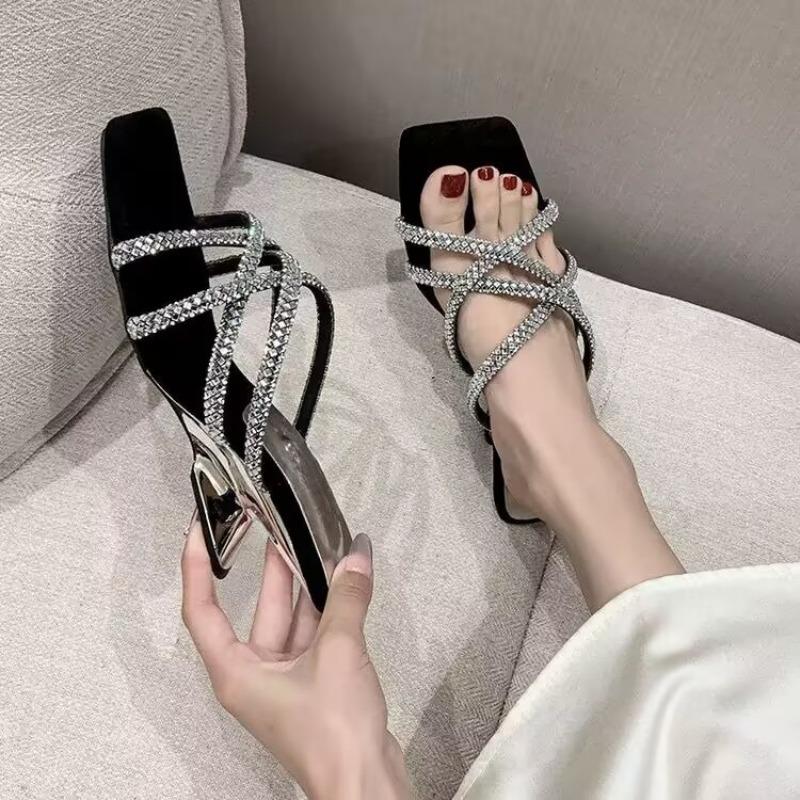 Fashion Rhinestone Cross-strap Slippers for Women's Outward Wear Summer New Fashion Fairy Style with Skirt Open Toe Cool Wedge