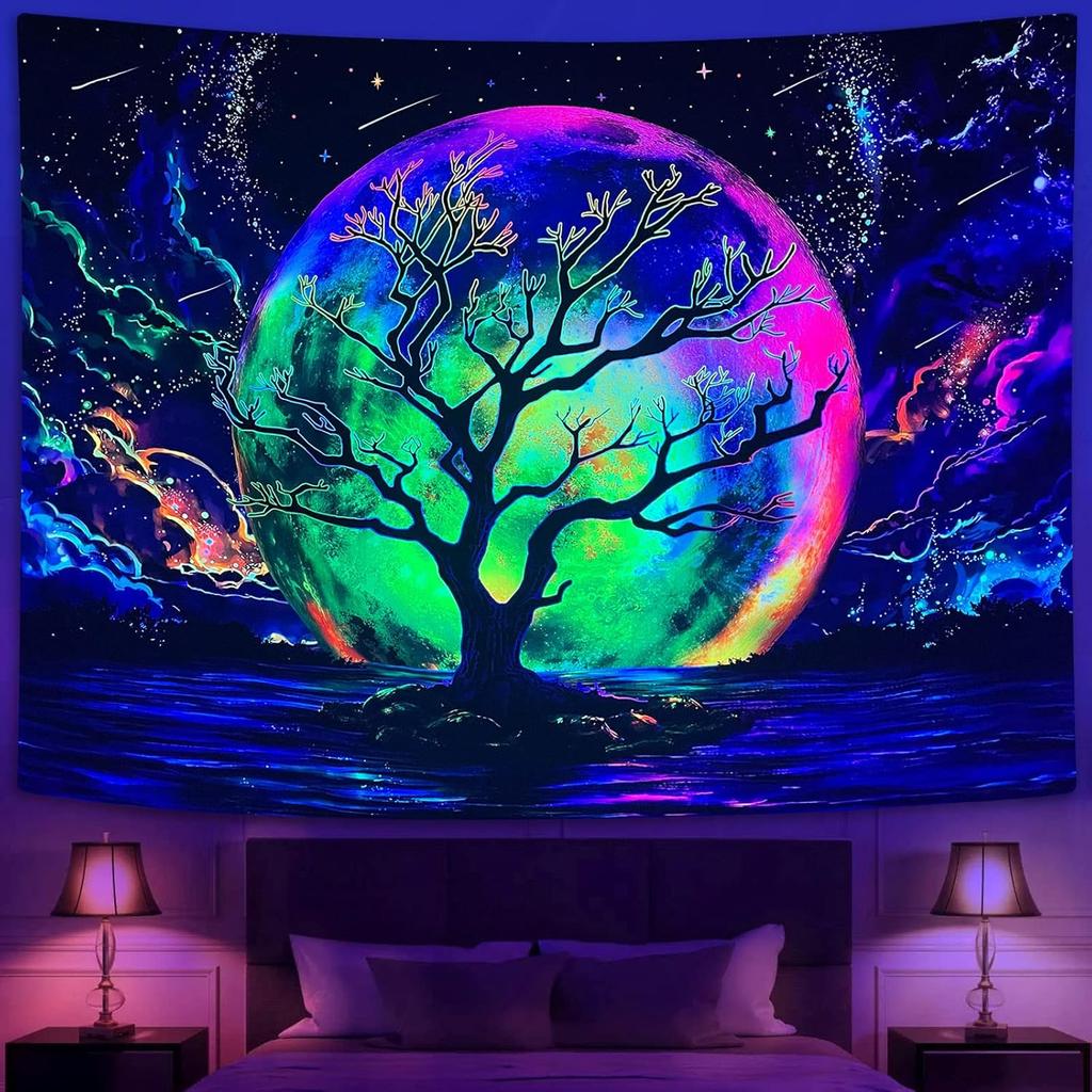 Faxdong Blacklight Moon Tapestry, UV Reactive Tree Lake Colorful Starry Night Galaxy Space Clouds Wall Tapestry for Bedroom Decor 36×48 Inch