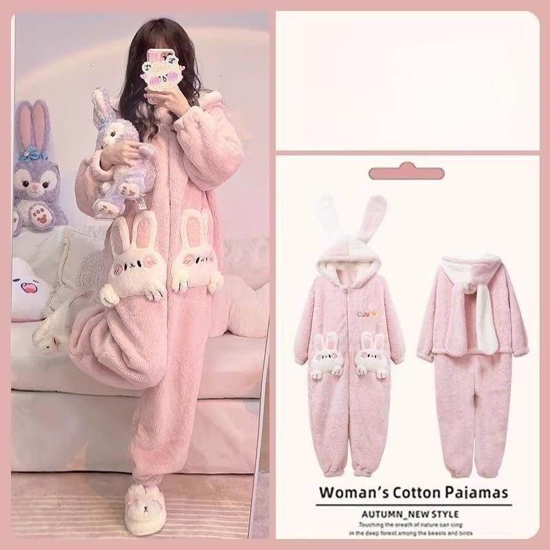 Cute Girl Leopard Print Jumpsuit Pajamas Autumn and Winter Flannel Thick Warm Hooded Home Clothing Wearable As Outerwear Homewear Comfortable Jumpsuit