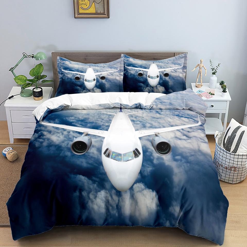 Comforter 3D Airplane King Queen Blue Sky Aviation Aircraft Runway Bedding Set Modern Transport 2/3Pcs