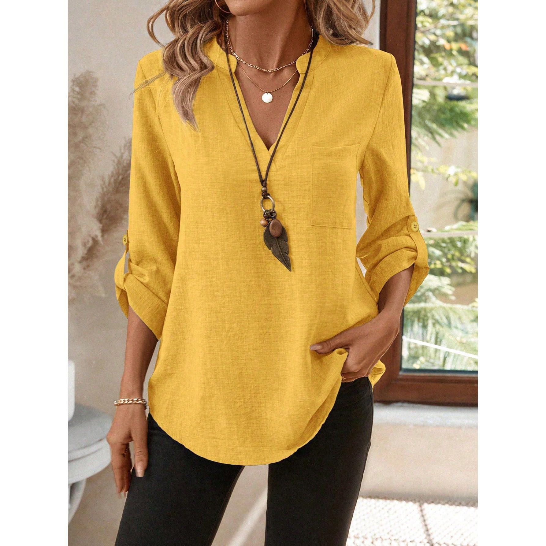 Spring Summer Women s Plus Size Elegant  V-Neck Solid Color Loose Fit Shirt Women s Solid Casual Loose Blouses XS жёлтый