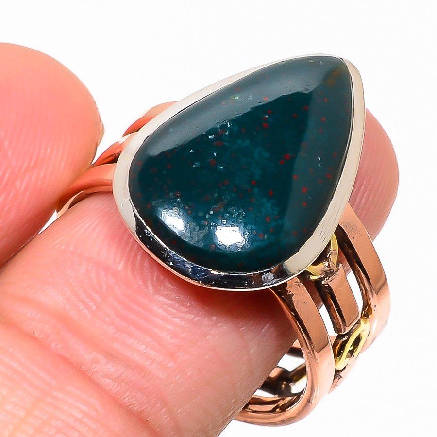 Natural Bloodstone Gemstone Two Tone 925 Sterling Silver Gift Ring S.10.5 U7J96