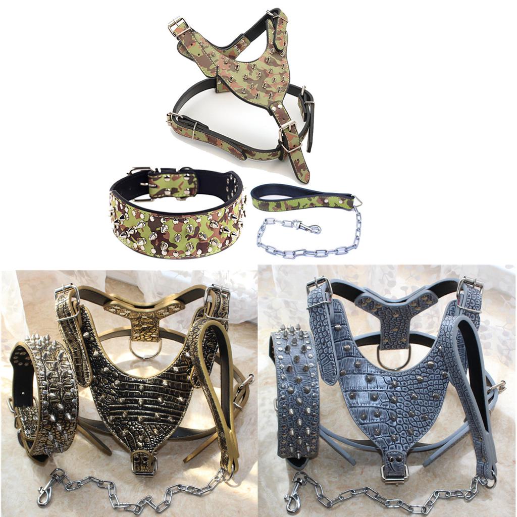 Buy 3pcs Rivet Spiked Studded PU Leather Dog Harness Collar Leash Set