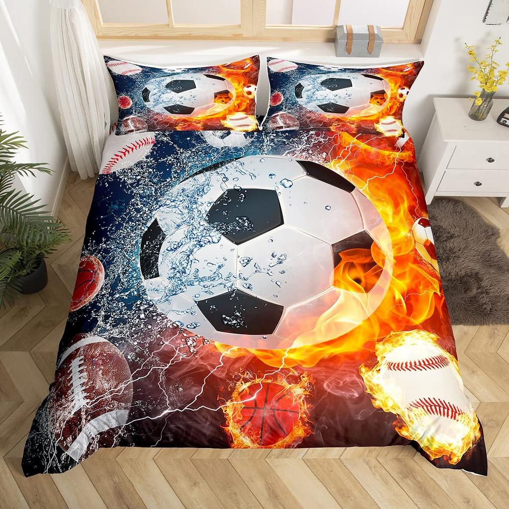 Cartoon Soccer Duvet Cover Set Printed Football Bedding Sets For Kids Boys Girls Bedroom Decor Sports Theme Comforter Cover Set