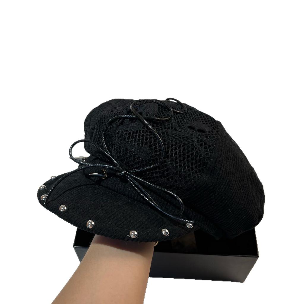 Japanese Designer Niche Corduroy Octagonal Hat Women'S Trendy Personality Lace-Up Lace Rivet Newsboy Hat