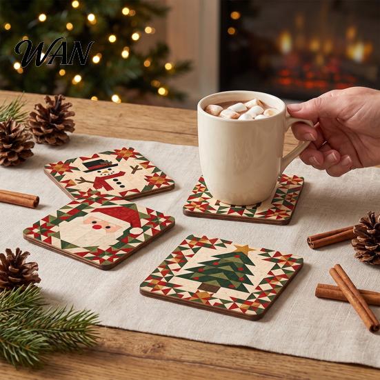 Winter Holiday Housewarming Gifts 4Pcs Christmas Coasters Set, Non-slip Wood Cup Mats with Cork Base Tree Drink for Hot Drinks, Decorative Patchwork