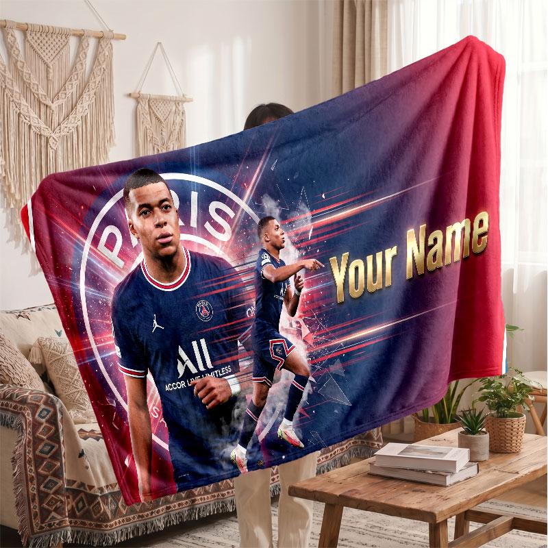 Couverture polaire personnalisée Kylian Mbappe avec logo de football, texte de nom personnalisé, couverture jetée douce et chaude pour la maison