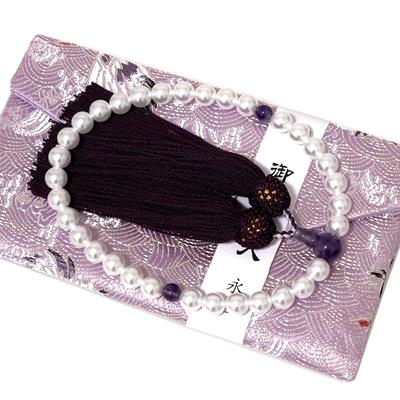 Eizen Nenjuya Shell Gold Brocade with Rosary Amethyst and Artificial Silk Suitable for All Handmade Buddhist Prayer Memorial Memorial Service Women's