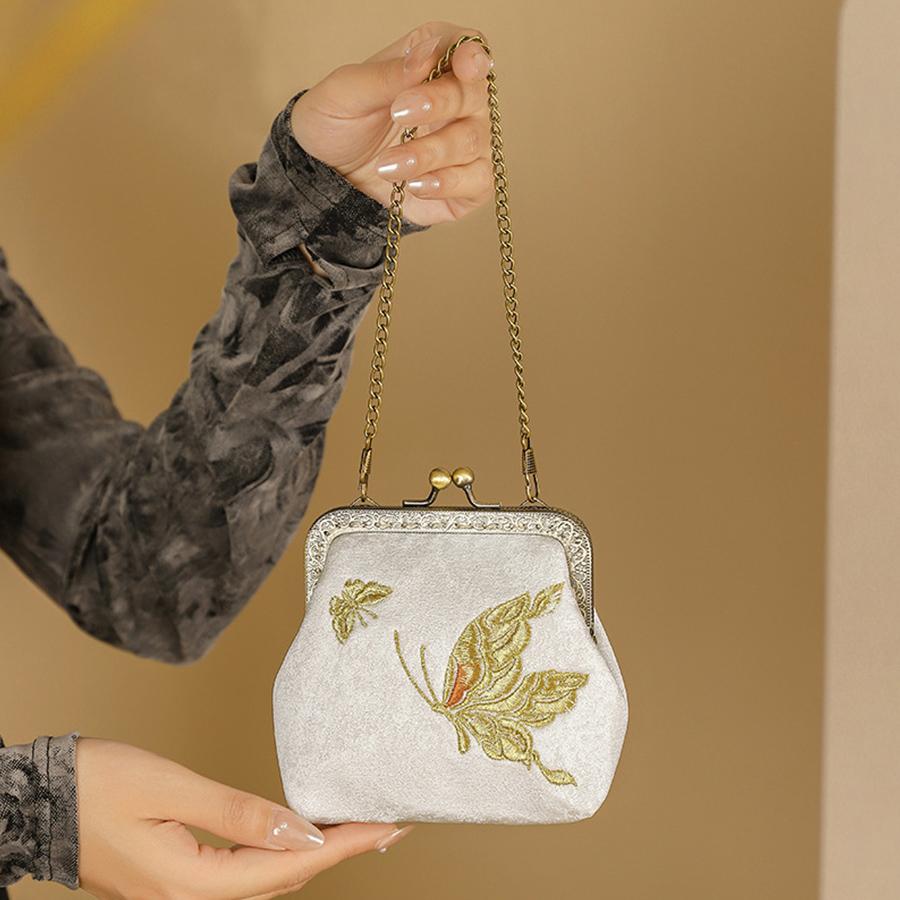 Embroidery Clip Lock Women's Coin Purse Retro Bifold Kiss Lock Small Wallet Simple Chains Lipstick Portable Pocket Clutch Bags